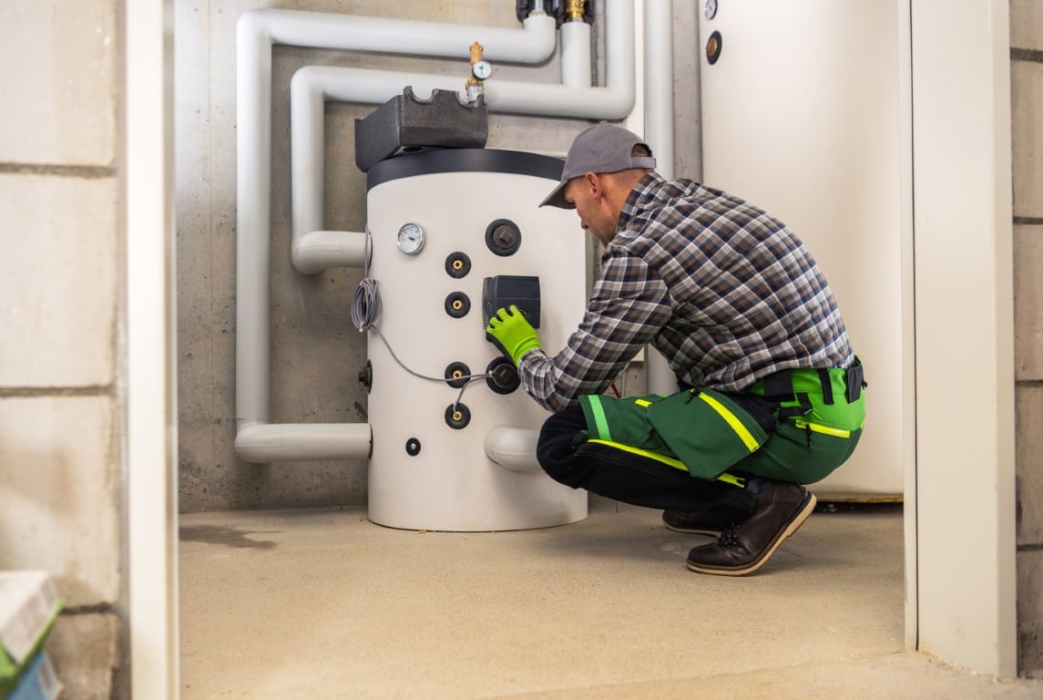 HVAC technician installing a gas heating boiler