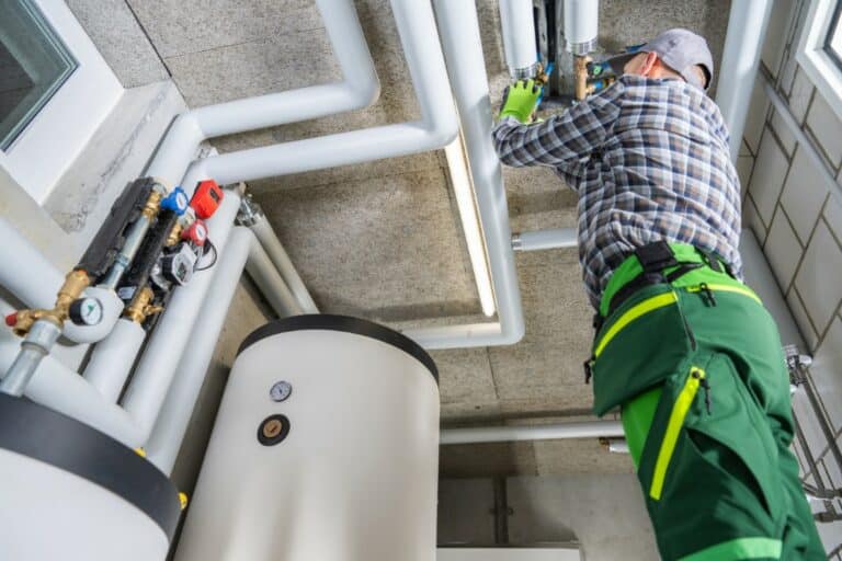 Residential and Commercial Modern Natural Gas Heating Systems Installation Performed by Professional Caucasian HVAC Technician in His 40s.