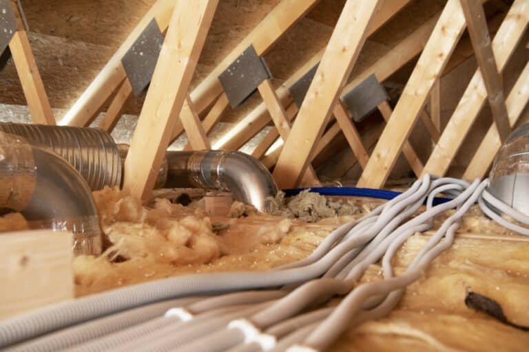 Industrial Theme. Residential Attic with Air Shafts and Electric Installations. Heating and Cooling System.