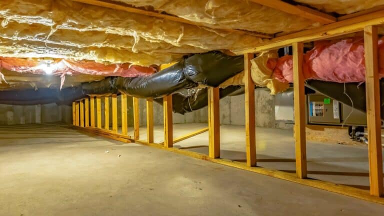 Panorama Basement or crawl space with upper floor insulation and wooden support beams. An area of limited height under the floor of a house with concrete wall and floor.