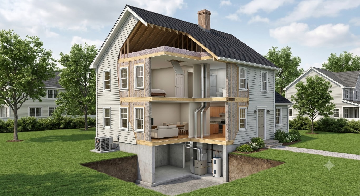 Cross-section of a home showing areas that qualify for rebates after an energy audit